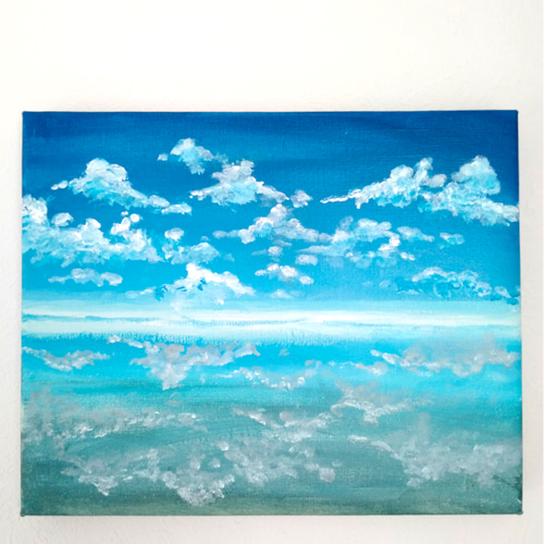 フィーリングブルー】原画・アクリル絵画・雲・青・青空・鏡・湖