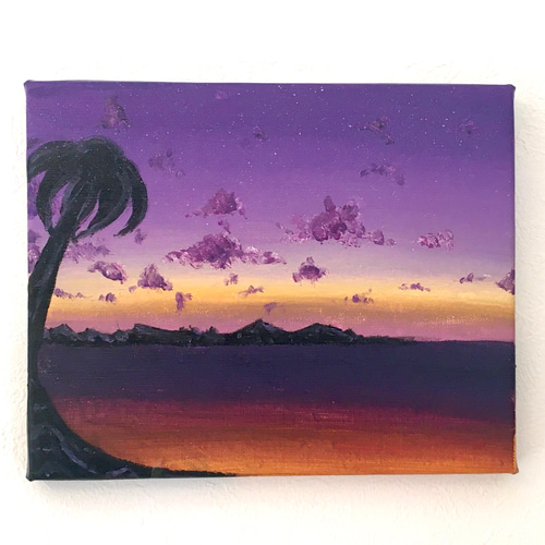 サンセットパープル】原画・アクリル絵画・海、ハワイ、夕日、紫