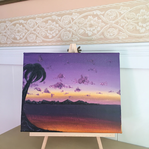 サンセットパープル】原画・アクリル絵画・海、ハワイ、夕日、紫