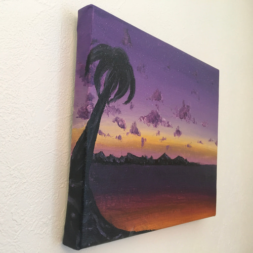 サンセットパープル】原画・アクリル絵画・海、ハワイ、夕日、紫