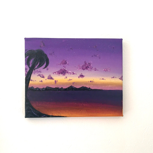 サンセットパープル】原画・アクリル絵画・海、ハワイ、夕日、紫