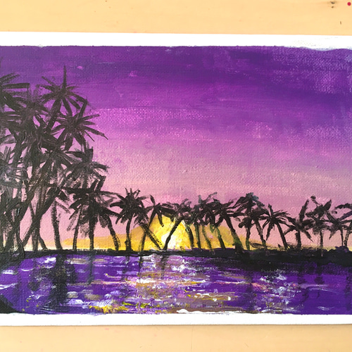 油絵　アート　ハワイ　サンセット　海の絵 海の絵 ヤシの木 サンセットビーチ A W150×H50cm 絵画 (1179-1