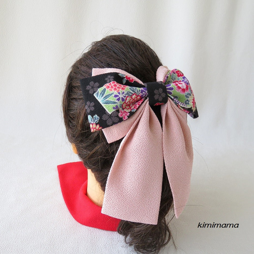 髪飾り 縮緬Wリボン はいからさん(地色黒・花柄&虹色ピンク)袴・着物  