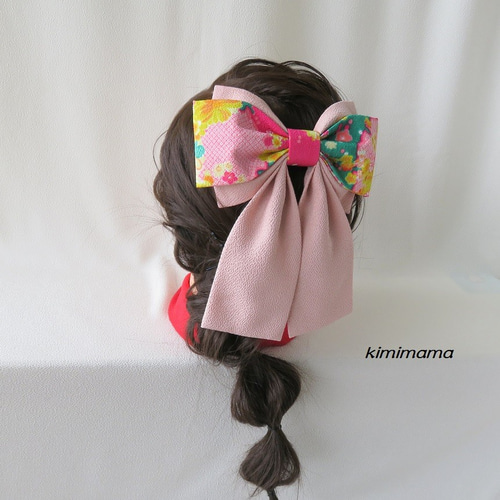 髪飾り 縮緬Wリボン はいからさん(雪輪花&虹色ピンク)袴・着物・成人式  