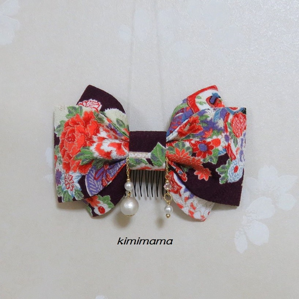 髪飾り　パールリボン<中>(紫×花柄)袴・着物・成人式・卒業式・七五三 1枚目の画像