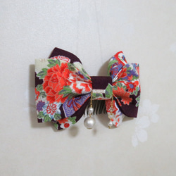 髪飾り　パールリボン<中>(紫×花柄)袴・着物・成人式・卒業式・七五三 3枚目の画像