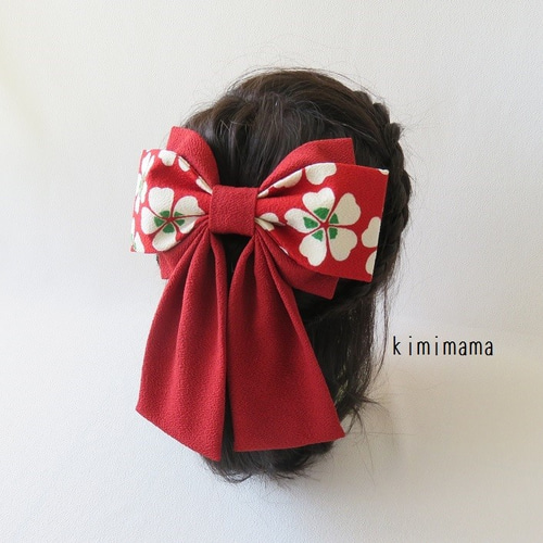 髪飾り 縮緬Wリボン・はいからさん(桜&深赤)袴・着物・成人式・卒業式