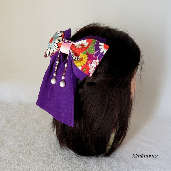 髪飾り　鎖&パール付き・縮緬Wリボンはいからさん(花柄&紫)袴・着物・成人式・卒業式・七五三 2枚目の画像
