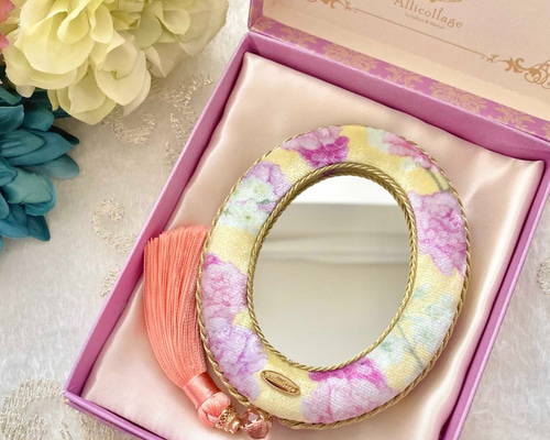 シノワズリ・中華風花柄のハンドミラー/タッセルタイプ/イエロー 手鏡