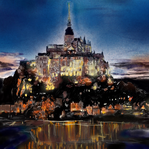 モンサンミッシェルのポスターカードサイズの絵。 絵画