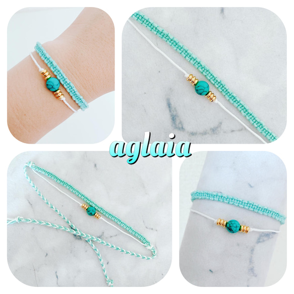 送料無料》天然石×ワックスコード 2連ミサンガ ターコイズ①