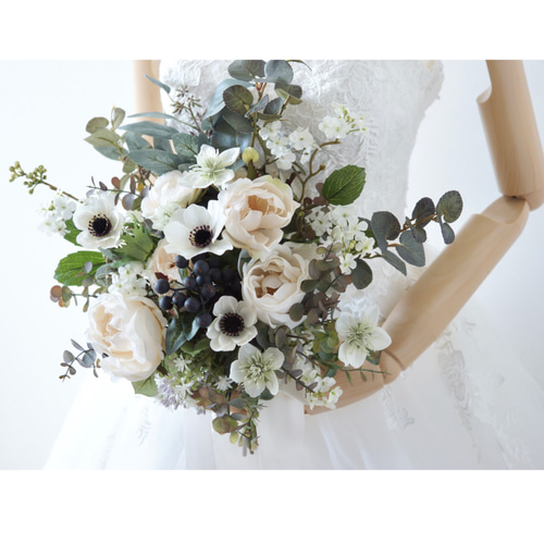 送料無料】ホワイトローズとアネモネのナチュラルウェディングブーケ