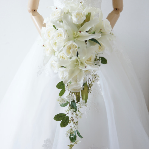 送料無料】ユリとバラのキャスケードブーケ＊ウェディングブーケ
