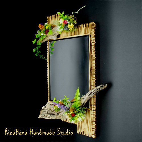 壁掛け鏡「ハンドメイドの1点もの」流木素材のナチュラルミラー（33R  