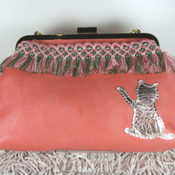 本革　フリンジブレードのネコガマグチ　ピンク 1枚目の画像