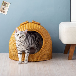 猫 ベッド ラタン ちぐら ドーム キャットハウス かわいい かまくら型 猫ちぐら ウレタンクッション付き 1枚目の画像