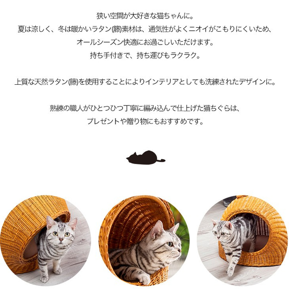 猫 ベッド ラタン ちぐら ドーム キャットハウス かわいい かまくら型 猫ちぐら ウレタンクッション付き 3枚目の画像
