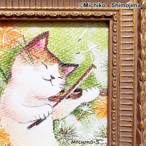 原画・パステル画「ふんわりわたげ」下島みちこ/猫・ミケ猫