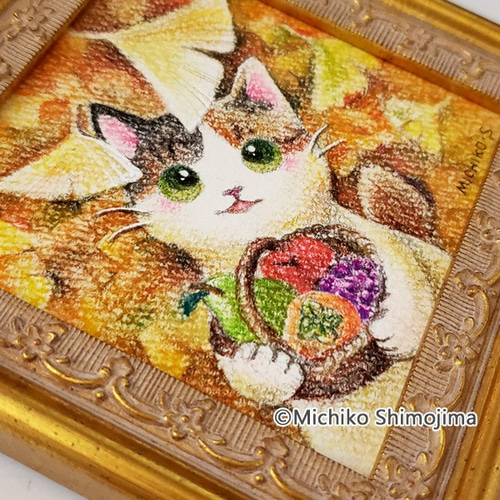 原画・パステル画「黄色のじゅうたん」下島みちこ/猫・三毛猫