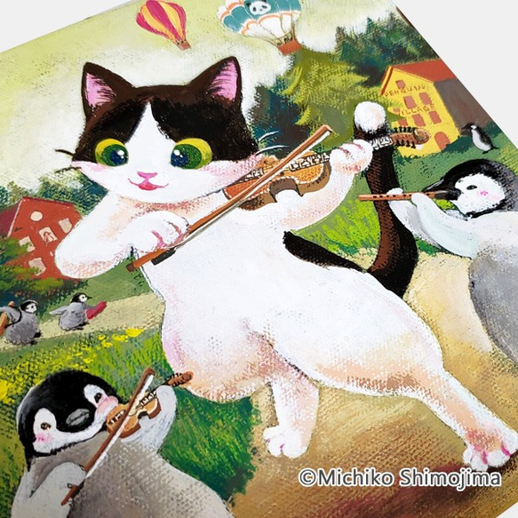 原画・アクリル画｢ペンギン村のハーディングフェーレ｣下島みちこ/猫・ハチワレ・ペンギン・ヴァイオリン・楽器・キャンバス 2枚目の画像