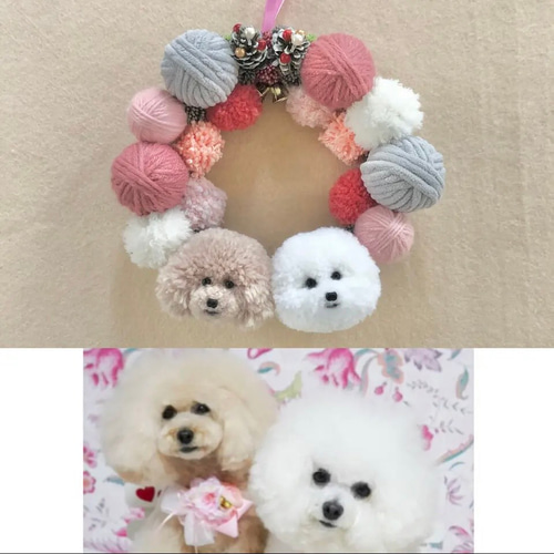 単色ビションカットのうちの子ぽんぽんリース（毛糸玉タイプ  