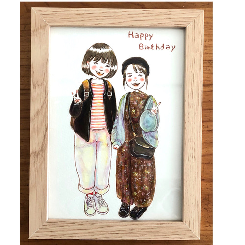 2名さま　ポストカードサイズ【似顔絵オーダー】キーホルダー 光いっぱいのにがおえ＊【5名様】ポストカードサイズ 絵画 anniv