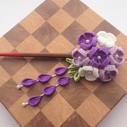 小花たちのブーケの木製かんざし　グラデーション　青（取り外し可能な垂れ付き） 5枚目の画像
