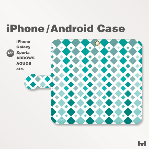 iPhone7/7plus/Android全機種対応　スマホケース　手帳型　北欧風-四角-菱　青緑　1506 1枚目の画像