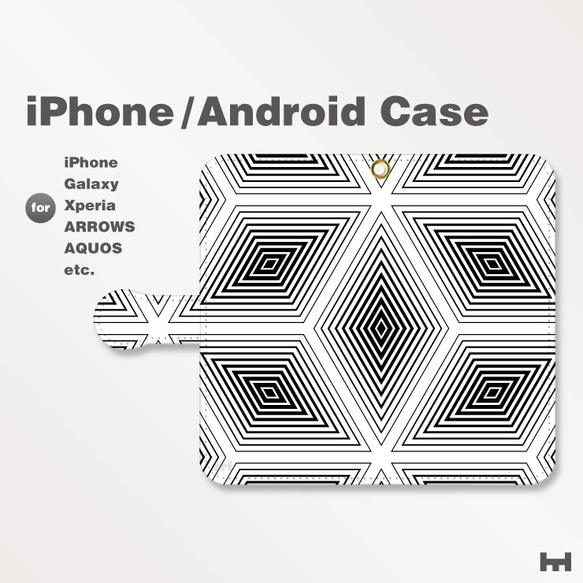 iPhone7/7plus/Android全機種対応　スマホケース　手帳型　北欧風-和柄-亀甲幾何学Bモノトーン2308 1枚目の画像