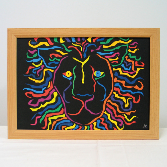 絵画　イラスト　アート　ライオン　獅子　LION　黒　A4-k02 1枚目の画像