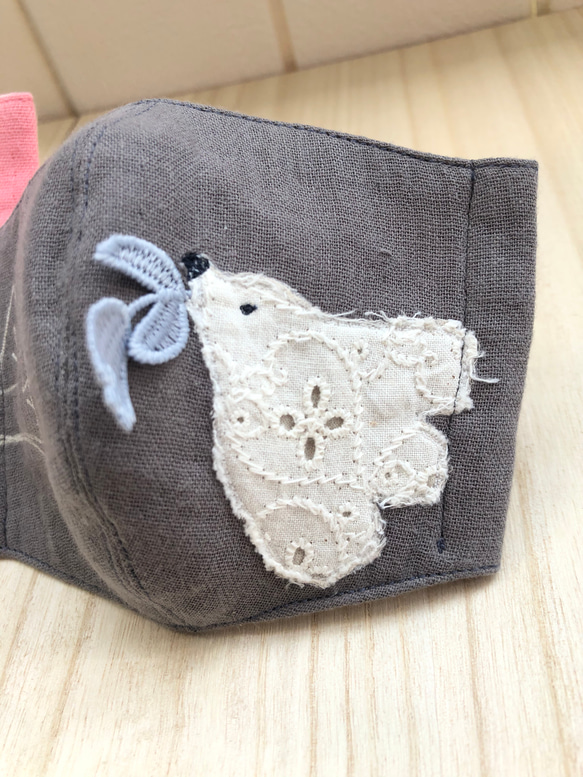 【子ども用】立体マスク　刺繍レースチャームとり柄２枚セット 3枚目の画像