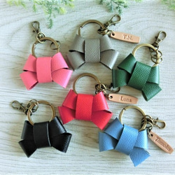 カラフルリボンキーホルダーセット 本革リボン キーリング6色（型押しレザー） ☆刻印無料