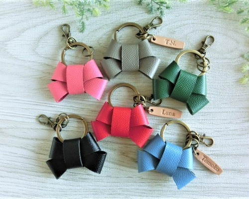 本革リボン キーリング6色（型押しレザー） ☆刻印無料