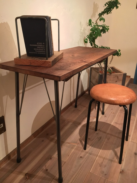 夏の福袋企画 Sugi Counter Table&Leather Stool カウンターテーブル  椅子　鉄脚　セット 2枚目の画像