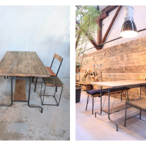 Vintage Patchwork Table]送料無料 足場板 アイアン 網棚付 ダイニング