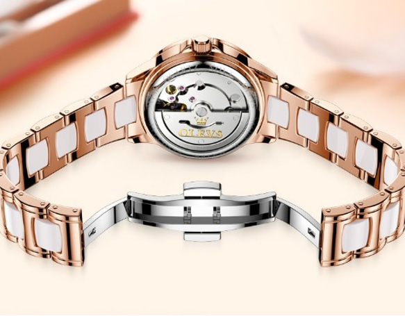 新しいスイスブランドの時計レディースシンプルな気質本物の防水セラミックメカニカルウォッチ、ローズゴールドカラーストラップ 7枚目の画像