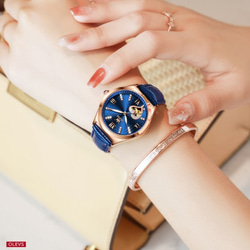 ブランドの時計女性の自動機械式時計売れ筋本革の女性の時計防水女性の時計、青いベルトと青い文字盤 7枚目の画像