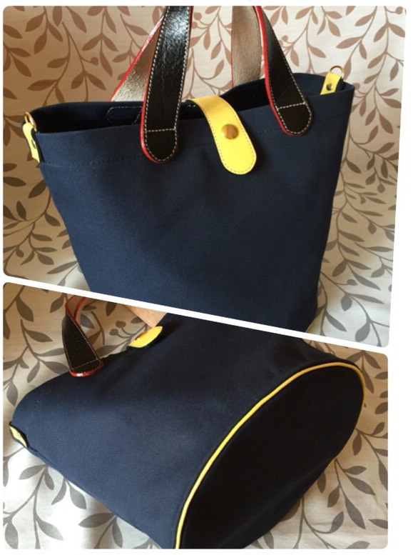 ☆革色変更可☆まん丸底トート/黄色の革で縁取り/濃紺帆布