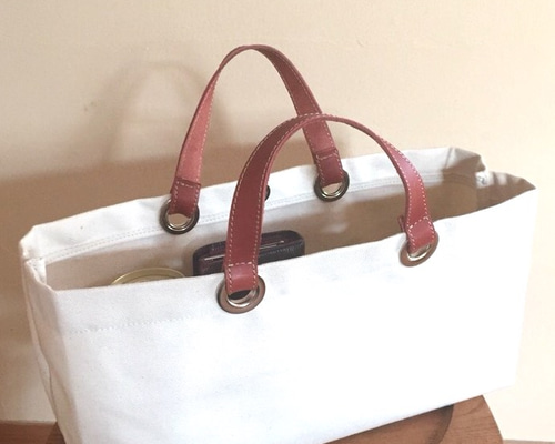 持ち手革色、蓋付又はホック選択可/横長キナリ帆布トート(茶