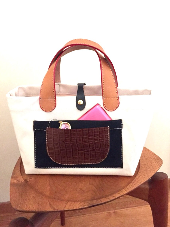 再3】外革ポケット♪二重の外ポケット♪革持ち手生成り帆布トート