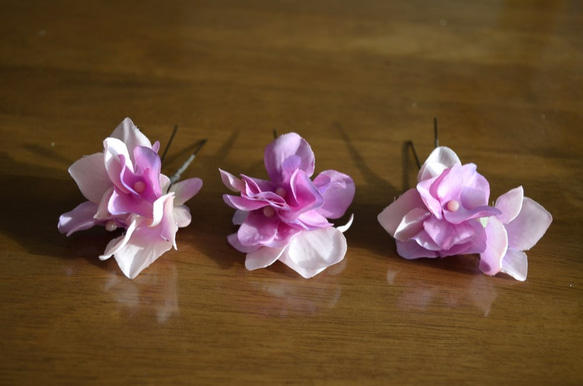 浴衣に紫陽花の髪飾り＊モーブピンク（Uピン仕立て・３本セット） 3枚目の画像