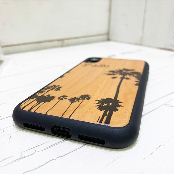 ヤシの木のウッドパネルiphoneケース　衝撃吸収　西海岸風デザインケース　パームツリーのシルエットデザイン　ハワイアン 5枚目の画像
