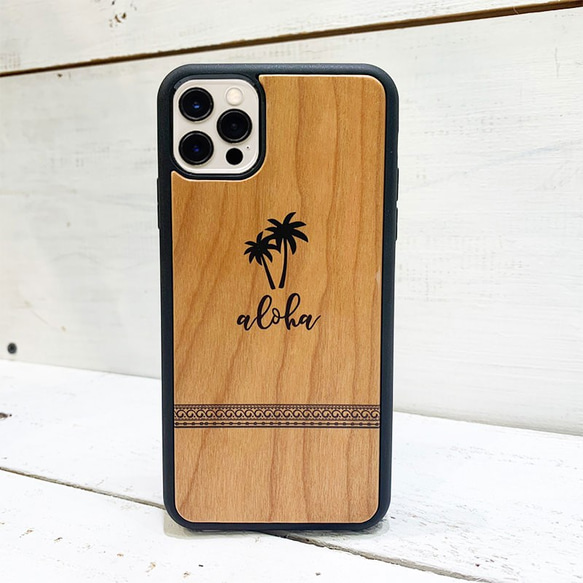 iphoneケース　ウッドパネル衝撃吸収タイプ　ハワイアンデザイン　ヤシの木　alohaロゴ 2枚目の画像