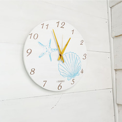 シェルとスターフィッシュのロゴプリント時計　ハワイアンウォールクロック　木製壁掛け時計 1枚目の画像