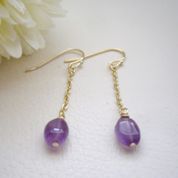 單顆紫水晶鏈耳環（耳環）金 第2張的照片