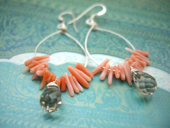 粉色珊瑚和露水煙晶圈形耳環（耳環）SV925 第3張的照片