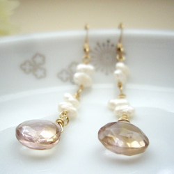 紫黃晶和淡水珍珠長穿孔耳環（耳環）金色填充 第1張的照片