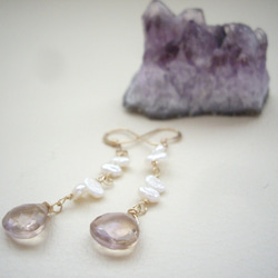 紫黃晶和淡水珍珠長穿孔耳環（耳環）金色填充 第6張的照片