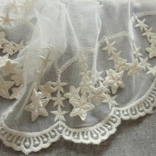 1Ｍ ヴィンテージ風 星フリンジ刺繍チュールレース 12 cm 幅 レース