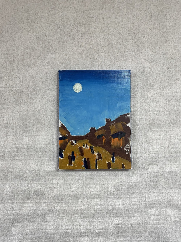 手描き抽象画（油絵）：「月の観える情景 Scenery of the moon」＜裏面に詩の記載付き＞　Ｆ４サイズ 1枚目の画像